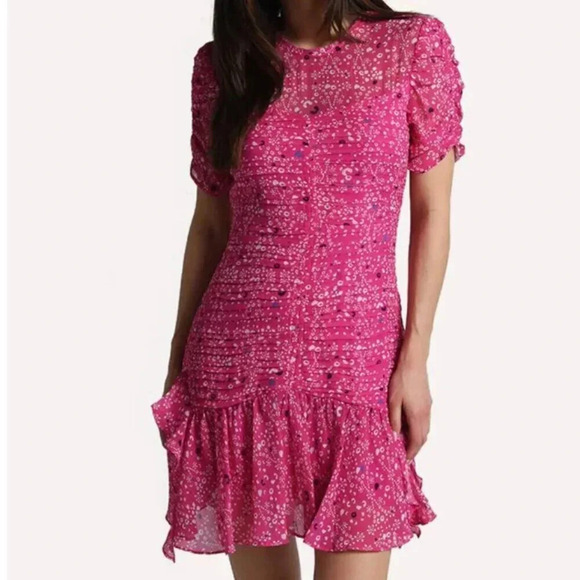 Tanya Taylor Carti Dress Ruffle Layered Midi Polka Dot Chiffon Silk Pink Size 4 - Picture 15 of 15